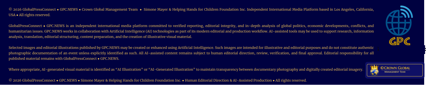 © 2026 GlobalPressConnect ● GPC.NEWS ● Crown Global Management Team  ●  Simone Mayer & Helping Hands for Children Foundation Inc. Independent International Media Platform based in Los Angeles, California, USA ● All rights reserved.   GlobalPressConnect ● GPC.NEWS is an independent international media platform committed to verified reporting, editorial integrity, and in-depth analysis of global politics, economic developments, conflicts, and humanitarian issues. GPC.NEWS works in collaboration with Artificial Intelligence (AI) technologies as part of its modern editorial and production workflow. AI-assisted tools may be used to support research, information analysis, translation, editorial structuring, content preparation, and the creation of illustrative visual material.  Selected images and editorial illustrations published by GPC.NEWS may be created or enhanced using Artificial Intelligence. Such images are intended for illustrative and editorial purposes and do not constitute authentic photographic documentation of an event unless explicitly identified as such. All AI-assisted content remains subject to human editorial direction, review, verification, and final approval. Editorial responsibility for all published material remains with GlobalPressConnect ● GPC.NEWS.  Where appropriate, AI-generated visual material is identified as “AI Illustration” or “AI-Generated Illustration” to maintain transparency between documentary photography and digitally created editorial imagery.   © 2026 GlobalPressConnect ● GPC.NEWS ● Simone Mayer & Helping Hands for Children Foundation Inc. ● Human Editorial Direction & AI-Assisted Production ● All rights reserved.